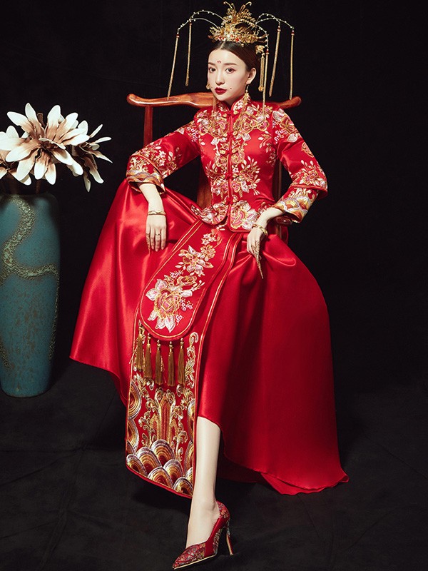 Red Embroidered Floral Chinese Wedding Xiu He Fu - Jacket & Skirt