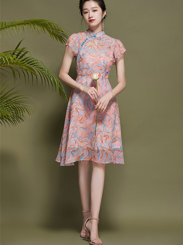 Pink Chiffon Qipao / Cheongsam Dress With Frill Sleeve