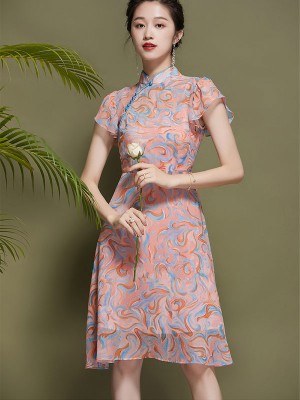 Pink Chiffon Qipao / Cheongsam Dress With Frill Sleeve