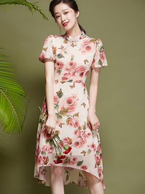 Pink Floral Chiffon Qipao / Cheongsam Dress With High Low Hem
