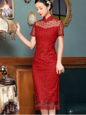 2021 Red Lace Illusion Midi Qipao / Cheongsam Dress