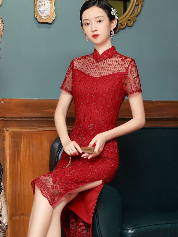 2021 Red Lace Illusion Midi Qipao / Cheongsam Dress