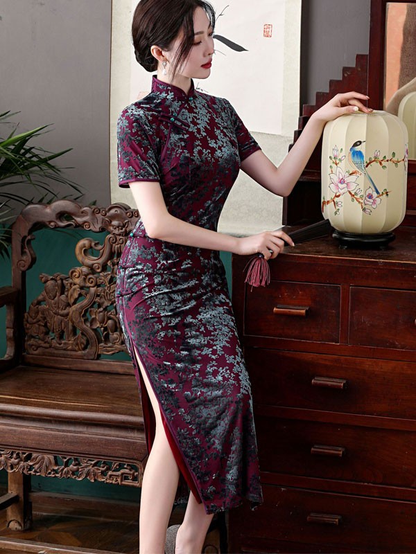 Mothers Purple Floral Velvet Maxi Qipao / Cheongsam Dress