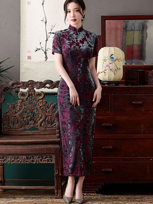 Mothers Purple Floral Velvet Maxi Qipao / Cheongsam Dress