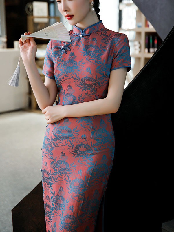Mothers Red Floral Maxi Qipao / Cheongsam Dress