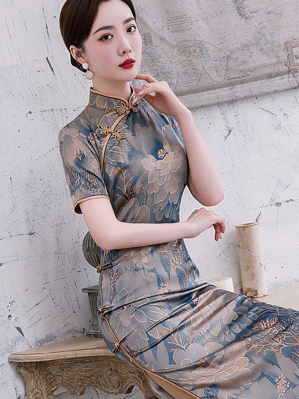 Blue Bronzing Floral Maxi Qipao / Cheongsam Dress