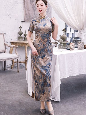 Blue Bronzing Floral Maxi Qipao / Cheongsam Dress