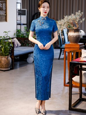 Blue Red Jacquard Maxi Qipao / Cheongsam Dress