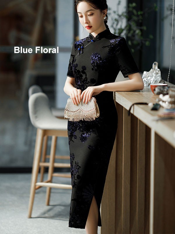 Mothers Red Blue Floral Velvet Maxi Qipao / Cheongsam Dress