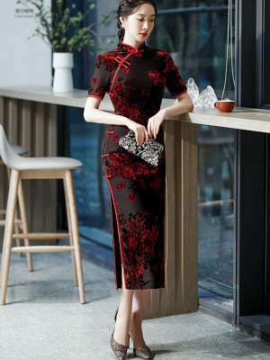 Mothers Red Blue Floral Velvet Maxi Qipao / Cheongsam Dress