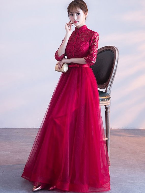 Wine Red Floor Length Qipao / Cheongsam Wedding Dress