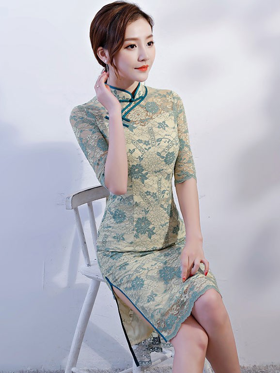 Blue Floral Lace Mid Qipao / Cheongsam Party Dress