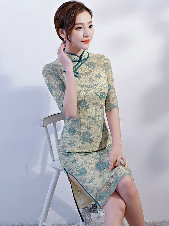 Blue Floral Lace Mid Qipao / Cheongsam Party Dress Blue Floral Lace Mid Qipao / Cheongsam Party Dress