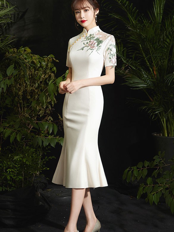 Ivory Fishtail Tea-Length Qipao / Cheongsam Prom Dress