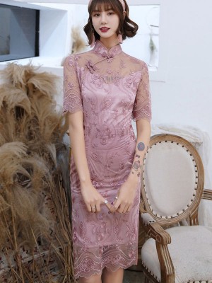 Pink Burgundy Illusion Lace Qipao / Cheongsam Wedding Dress