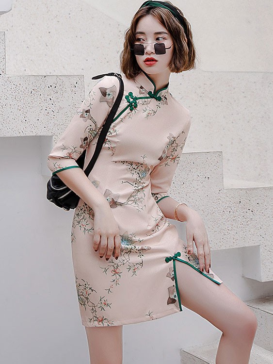 2021 Autumn Floral Pink Qipao / Cheongsam Dress