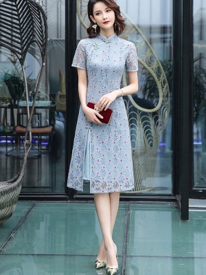 Floral Lace A-Line Midi Modern Cheongsam / Qipao Dress