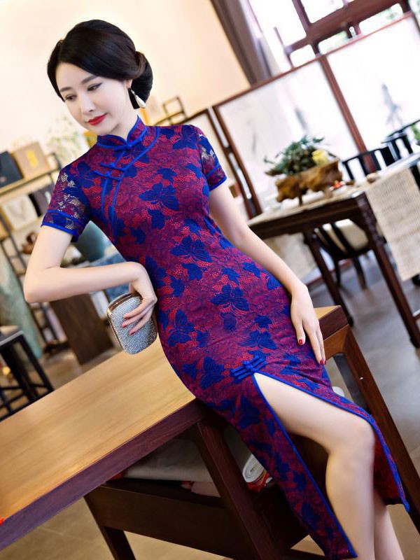 Colorblock Lace Maxi Qipao / Cheongsam Dress with Thigh Split