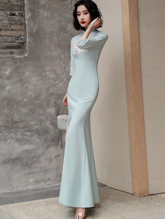 Blue Embroidered Fishtail Split Qipao / Cheongsam Prom Dress