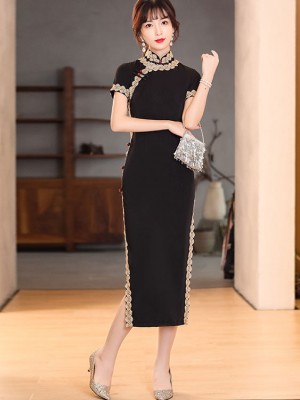 Black Lace Trim Modern Qipao / Cheongsam Dress