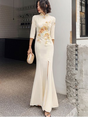 Champagne Embroidered Fishtail Split Qipao / Cheongsam Prom Dress