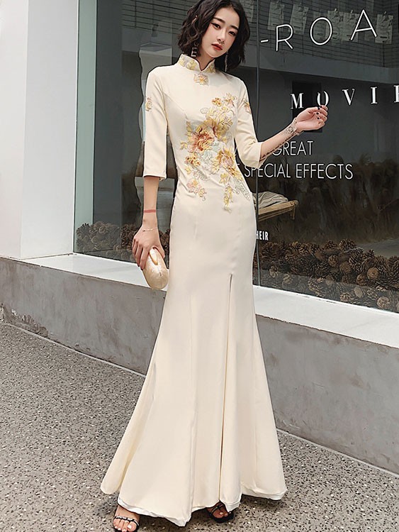 Champagne Embroidered Fishtail Split Qipao / Cheongsam Prom Dress