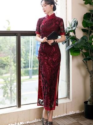 Bridal Mother's Red Floral Velvet Qipao / Cheongsam Dress