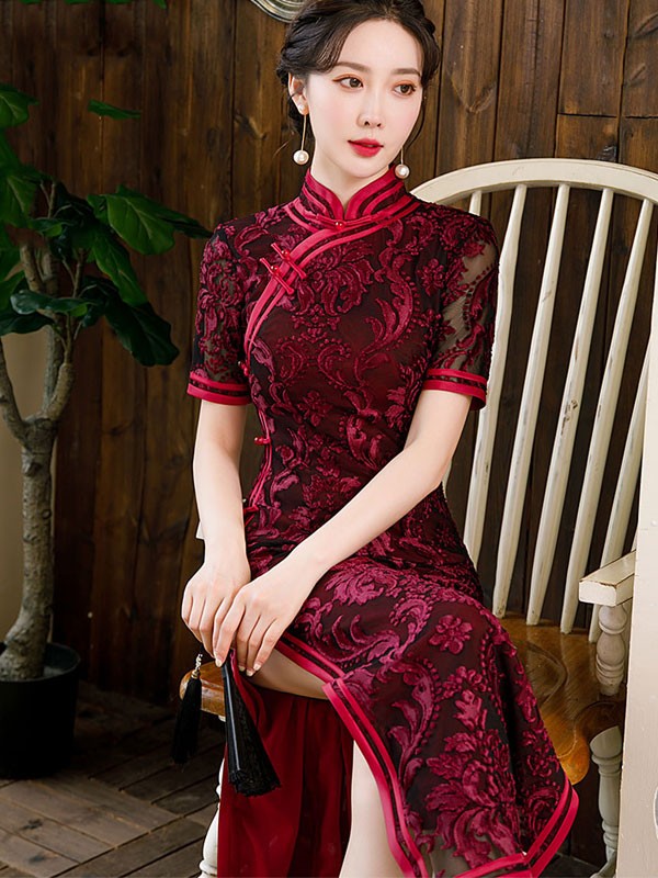 Bridal Mother's Red Floral Velvet Qipao / Cheongsam Dress