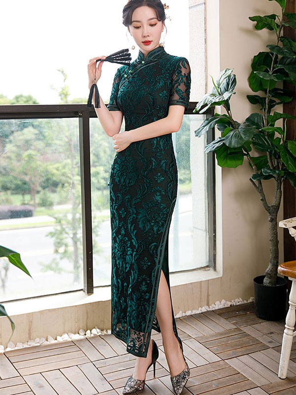 Bridal Mother's Red Floral Velvet Qipao / Cheongsam Dress