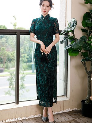 Bridal Mother's Blue Floral Velvet Qipao / Cheongsam Dress