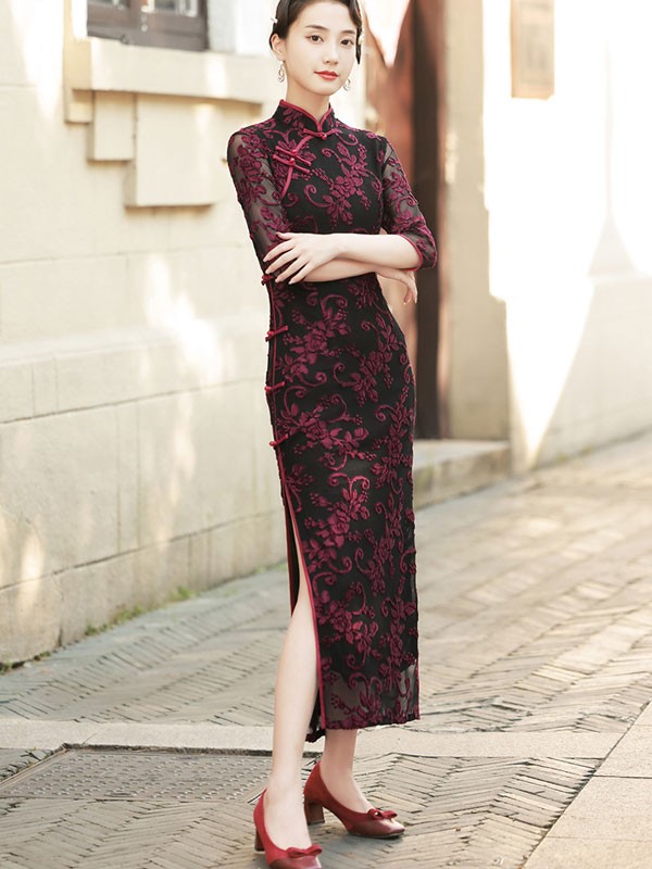 Mother's Red Floral Velvet Qipao / Cheongsam Maxi Dress