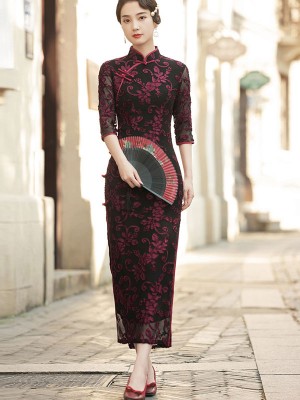 Mother's Red Floral Velvet Qipao / Cheongsam Maxi Dress