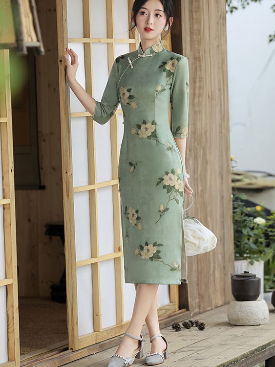 2021 Winter Floral Suede Qipao / Cheongsam Dress