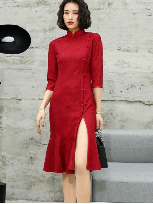 2021 Winter Red Qipao / Cheongsam Dress with Frill Hem