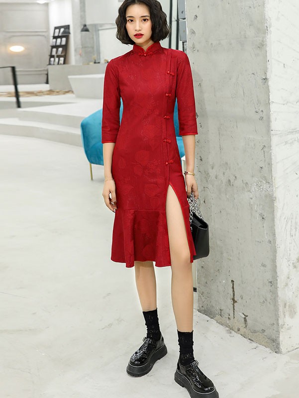 2021 Winter Red Qipao / Cheongsam Dress with Frill Hem