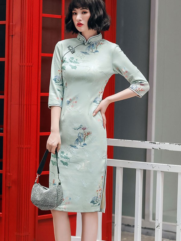 Green Floral Suede Winter Qipao / Cheongsam Dress