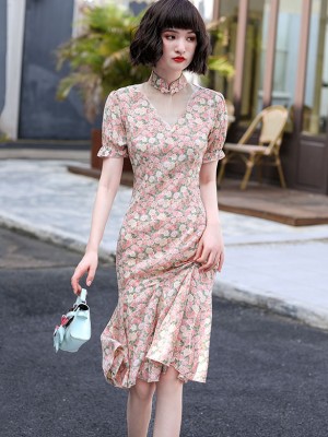 Pink Floral Puff Sleeve Qipao / Cheongsam Dress with Frill Hem