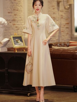 Champagne Embroidered A-Line Qipao / Cheongsam Prom Dress with Bell Sleeve