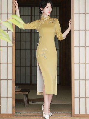 Pink Yellow Embroidered Autumn Qipao / Cheongsam Dress