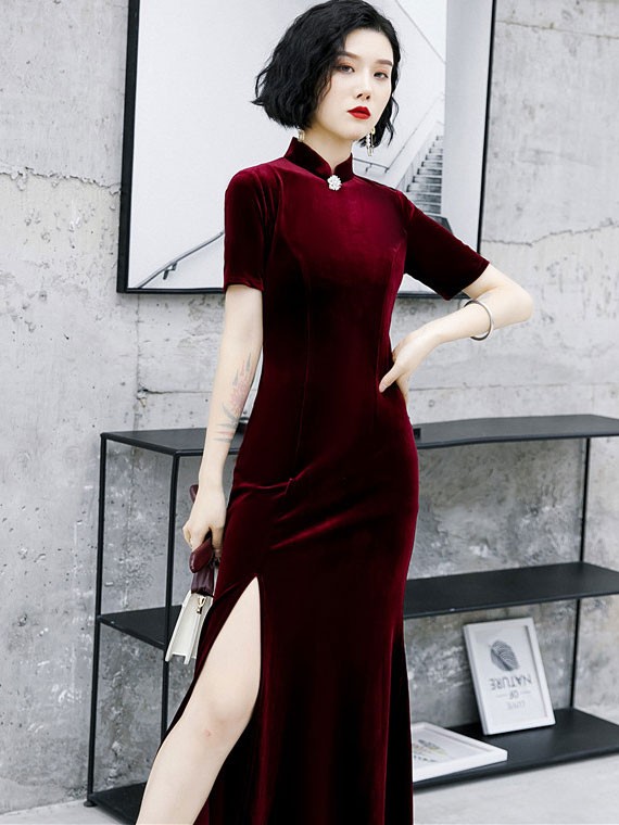 Velvet Thigh Split Fishtail Qipao / Cheongsam Dress - CozyLadyWear