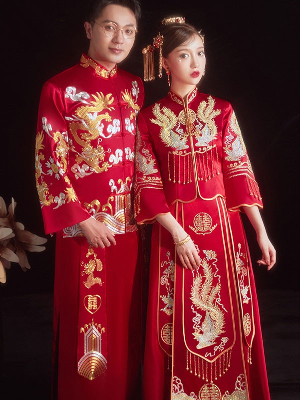 Red Embroidered Men's Dragon Wedding Qun Kwa, Jacket & Skirt