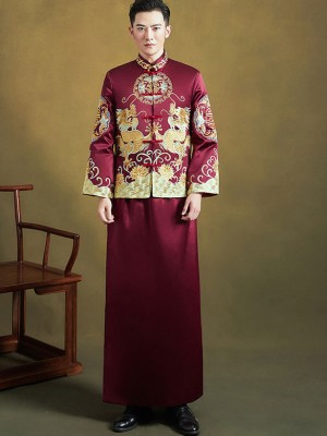Burgundy Embroidered Men Dragon Wedding Qun Kwa Jacket & Skirt