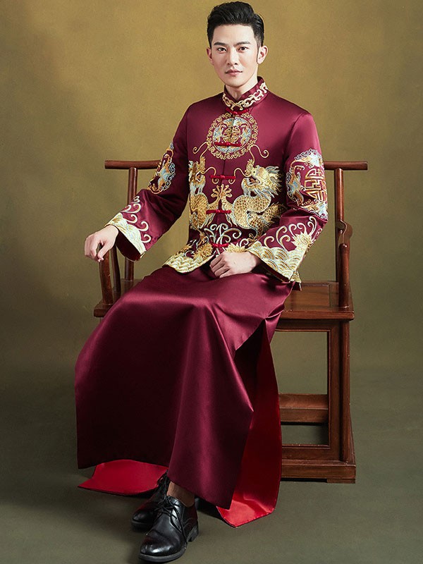 Burgundy Embroidered Men's Dragon Wedding Qun Kwa, Jacket & Skirt
