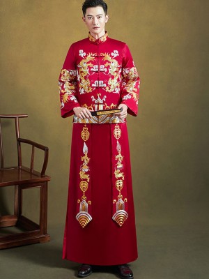 Red Embroidered Men Dragon Wedding Qun Kwa Jacket & Skirt