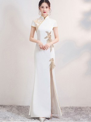White Beaded Split Front Long Qipao / Cheongsam Dress