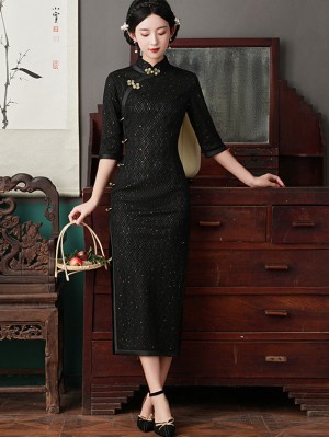 Red Sequined Lace Qipao / Cheongsam Dress