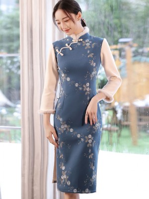 2021 Winter Green Blue Wool Qipao / Cheongsam Dress