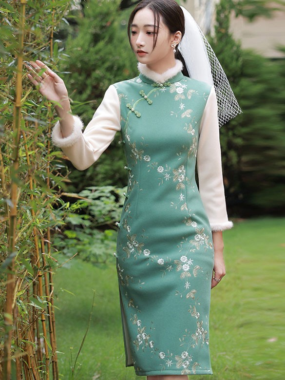 2021 Winter Green Blue Wool Qipao / Cheongsam Dress