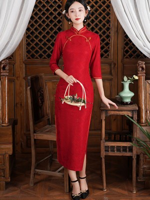 2021 Winter Red Green Lace Qipao / Cheongsam Dress