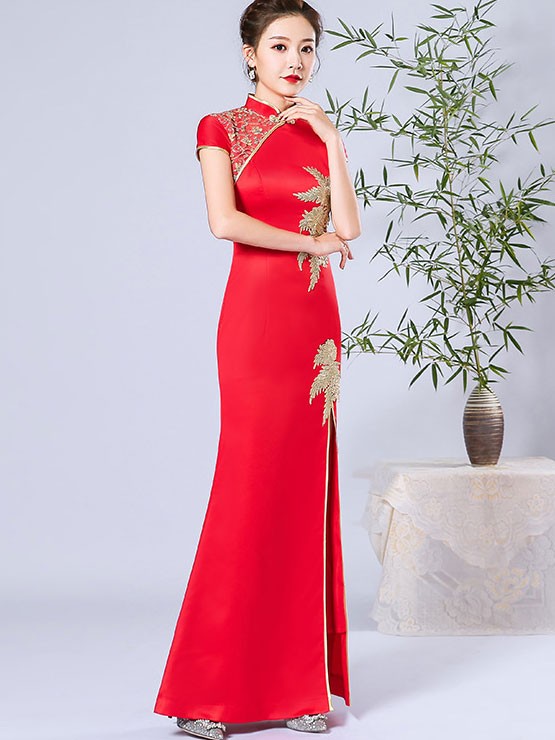 Red Beaded Split Front Long Qipao / Cheongsam Dress